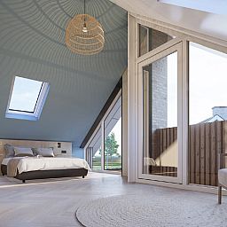 Bright bedroom in a detached house in De Cocksdorp, Texel, with modern furnishings and views of the Wadden Islands' natural surroundings.
