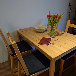 Esstisch im Ferienhaus Kikkerpoel, De Cocksdorp, Texel mit Tulpen und Notizbuch, ideal fuer entspannte Mahlzeiten.