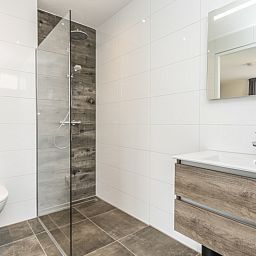 Luxury bathroom in Villa 39 De Koog Texel with walk-in shower and modern sink.