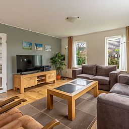 Moderne woonkamer van Vakantiehuis Kamperfoelie 43 met sauna in De Koog, Texel, met flatscreen-tv en houten meubels.