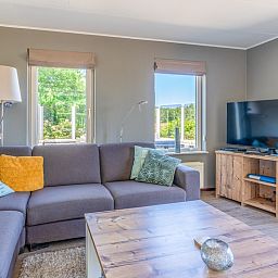 Stijlvolle zithoek met televisie in Vakantiehuis Kamperfoelie 71, De Koog, Texel.