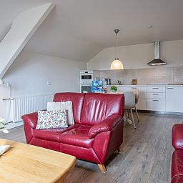 Offenes Wohnzimmer und Kueche im Ferienhaus Grietje, Den Hoorn, Texel mit gemuetlicher Einrichtung.