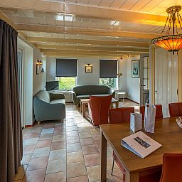 Gezellige woonkamer van Gouden Rijder vakantiehuis in Oosterend, Texel, met comfortabele banken en een eetgedeelte.