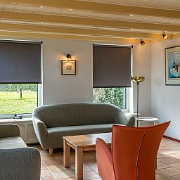 Lichte zithoek in Gouden Rijder vakantiehuis, Oosterend, Texel, met uitzicht op de tuin en moderne inrichting.