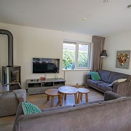 Gemuetliches Wohnzimmer des Ferienhauses de Parel 150 in De Dennen, Texel mit komfortabler Sitzecke.