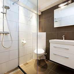 Moderne badkamer in vakantiehuis Gortersmient 278, Bungalowpark Gortersmient, De Dennen, Texel, met douche en wastafel.