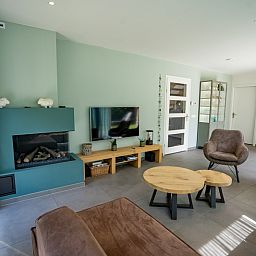 Gemuetliches Wohnzimmer des Ferienhauses de Parel 174 in De Dennen, Texel mit moderner Einrichtung und Kamin.
