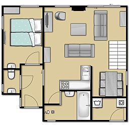 Grundriss des Ferienhauses Gortersmient 326, Texel, mit grossem Wohn- und Essbereich.
