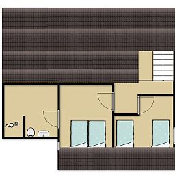 Grundriss des Obergeschosses des Ferienhauses Gortersmient 326, De Dennen, Texel mit mehreren Schlafzimmern.