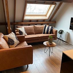 Modernes Wohnzimmer einer kleinen Wohnung in Ballum, Ameland, mit stilvoller Einrichtung und Blick auf die Natur.