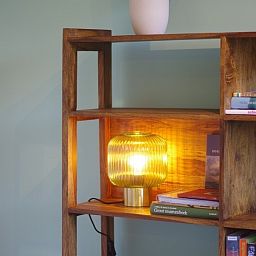Bookcase with mood lighting in Louwtjesduin Oost vacation home, Schiermonnikoog.