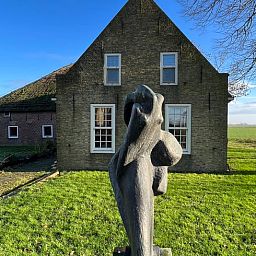 Kunstzinnig beeldhouwwerk bij Vakantiehuisje in Piaam, met uitzicht op weidse velden en het IJsselmeer.