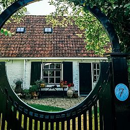Gemuetliche Terrasse des Ferienhauses FR421 in Terherne, umgeben von gruener Natur.