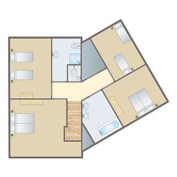 Upper floor of Esonstad 10-person house 10F1 in Anjum, with multiple bedrooms and bathrooms, perfect for a stay by the Frisian lakes.