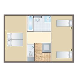 Bovenverdieping van Esonstad 4-persoons woning 4L1 in Anjum, slaapkamers en badkamer in de Friese meren omgeving.