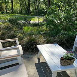 Naturreiche Umgebung von DG1871, Ferienhaus in Spier, Mittel-Drenthe mit gruenen Baeumen.