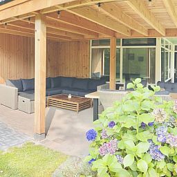 Gezellige veranda van Huisje in Gasselte, vakantiehuis in Midden Drenthe, met comfortabele zithoek en uitzicht op kleurrijke hortensia's.