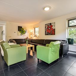 Gemuetliches Wohnzimmer der Zandduin Villa mit Sauna 10 in Hooghalen, Zentral-Drenthe, mit bequemen Sitzgelegenheiten und Blick auf die Natur.