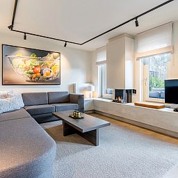 Modern living room with fireplace in Hof van Saksen, 12-bed Luxury Culinary Farmhouse in Nooitgedacht, Drenthe.