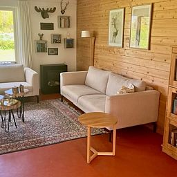 Stilvolles Wohnzimmer im Ferienhaus in Nieuw Balinge, Midden Drenthe, mit bequemen Sitzgelegenheiten und Buecherregalen.