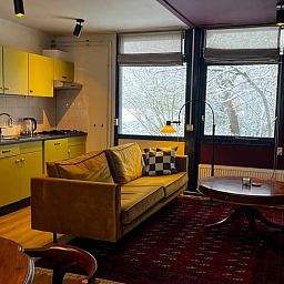 Naturreiche Aussicht vom Cottage in Nieuw Balinge, Ferienhaus in Zentral-Drenthe, mit grasendem Wild im Hintergrund.