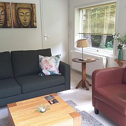 Gemuetliches Wohnzimmer im Ferienhaus in Norg, Nord-Drenthe mit bequemer Sitzecke und Blick auf die gruene Natur.