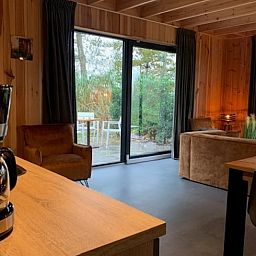 Modern interior space of Holiday Home in Dalerveen, Southeast Drenthe with coffee maker and garden view.
