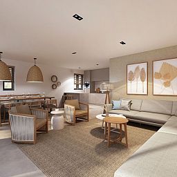 Lichte woonkamer van Vrijstaande woning in Sandur, Emmen, met moderne inrichting en ruime zithoek, ideaal voor een ontspannen vakantie in Drenthe.