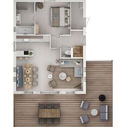 Plattegrond van de Vrijstaande woning in Sandur, een vakantiehuis in Emmen, Zuidoost Drenthe, met ruime woonkamer en terras.