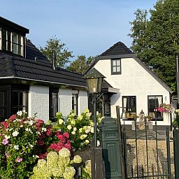 Cozy garden of Huisje in Dalen, vacation home in Dalen, Drenthe with colorful flowers.