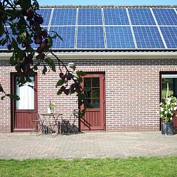 Ferienhaus in Valthe, Suedost-Drenthe: Geniessen Sie die Ruhe auf der Terrasse dieses nachhaltigen Ferienhauses mit Sonnenkollektoren.