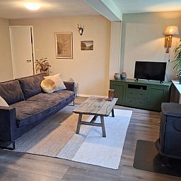 Gemuetliches Wohnzimmer im Ferienhaus in Schoonoord, Suedost-Drenthe. Komfortable Sitzecke und gemuetliche Einrichtung fuer einen entspannten Aufenthalt.