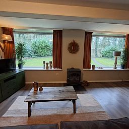 Gemuetliches Wohnzimmer des Ferienhauses in Schoonoord mit Blick auf den gruenen Garten, gelegen in Suedost-Drenthe, Drenthe.