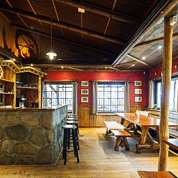 Cozy indoor area of Huisje in Erm, vacation home in Erm, Southeast Drenthe, with rustic wooden furnishings and inviting bar.