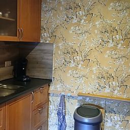 Gezellige keuken in Vakantiehuisje in Stieltjeskanaal, Zuidoost Drenthe, met houten kasten en sfeervol behang voor een huiselijke sfeer.