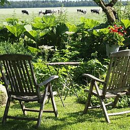 Rustieke zithoek met uitzicht op weiland bij Vakantiehuis in Odoornerveen, Zuidoost Drenthe, Drenthe.