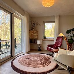 Gezellige woonkamer van Vakantiehuisje in Odoornerveen, Drenthe, met uitzicht op de natuur en toegang tot een zonnig terras.