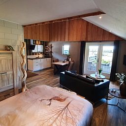 Gezellige binnenruimte van Vakantiehuisje in Fluitenberg met moderne keuken en comfortabele zithoek.