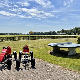 Grosser Garten am Ferienhaus DG1706 in Havelte, Drenthe mit Spielplatz und gruener Hecke.
