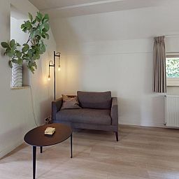 Gezellige woonkamer van vakantiehuis Borre Bos in Diever, Zuidwest Drenthe, met comfortabele bank en sfeervolle verlichting.