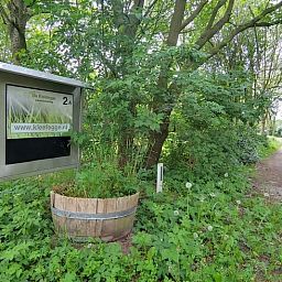 Ingang van Huisje in Zuidwolde, vakantieverblijf in Drenthe, gelegen in een serene, groene omgeving met uitnodigende paden.