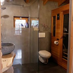 Moderne badkamer met glazen douche in Vakantiehuisje in Zuidwolde, Drenthe