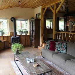 Gezellige woonkamer van Huisje in Zuidwolde, Drenthe, met rustieke inrichting en uitzicht op de groene omgeving.