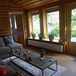 Gezellige woonkamer van Huisje in Zuidwolde, vakantiehuis in Zuidwolde, Drenthe, met houten interieur en uitzicht op de tuin.