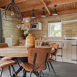 Cozy kitchen and dining area in Hooiberglodge, a vacation home in Dwingeloo, Southwest Drenthe, with wooden interior and modern amenities.