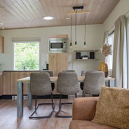 Gezellige binnenruimte van Bungalow Saturnus in Dwingeloo, Drenthe, met moderne keuken en eetruimte voor een ontspannen vakantieverblijf.