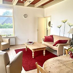 Gezellige woonkamer van vakantiehuis DG2051 in Ruinerwold, Zuidwest Drenthe. Comfortabele zitruimte met natuurlijke lichtinval en landelijke charme.