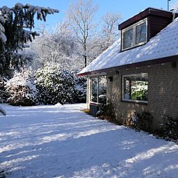 Sneeuw bedekt de tuin van Vakantiehuis in Zorgvlied in Zuidwest Drenthe, met groen en serene stilte.