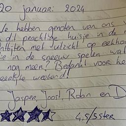 Gastenboek van Vakantiehuis in Zorgvlied, Zuidwest Drenthe, met positieve recensie en tekening.