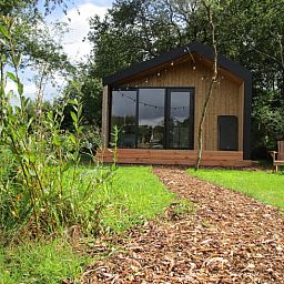 Wooden path to Holiday home in Vledder, in the middle of the greenery of Drenthe.